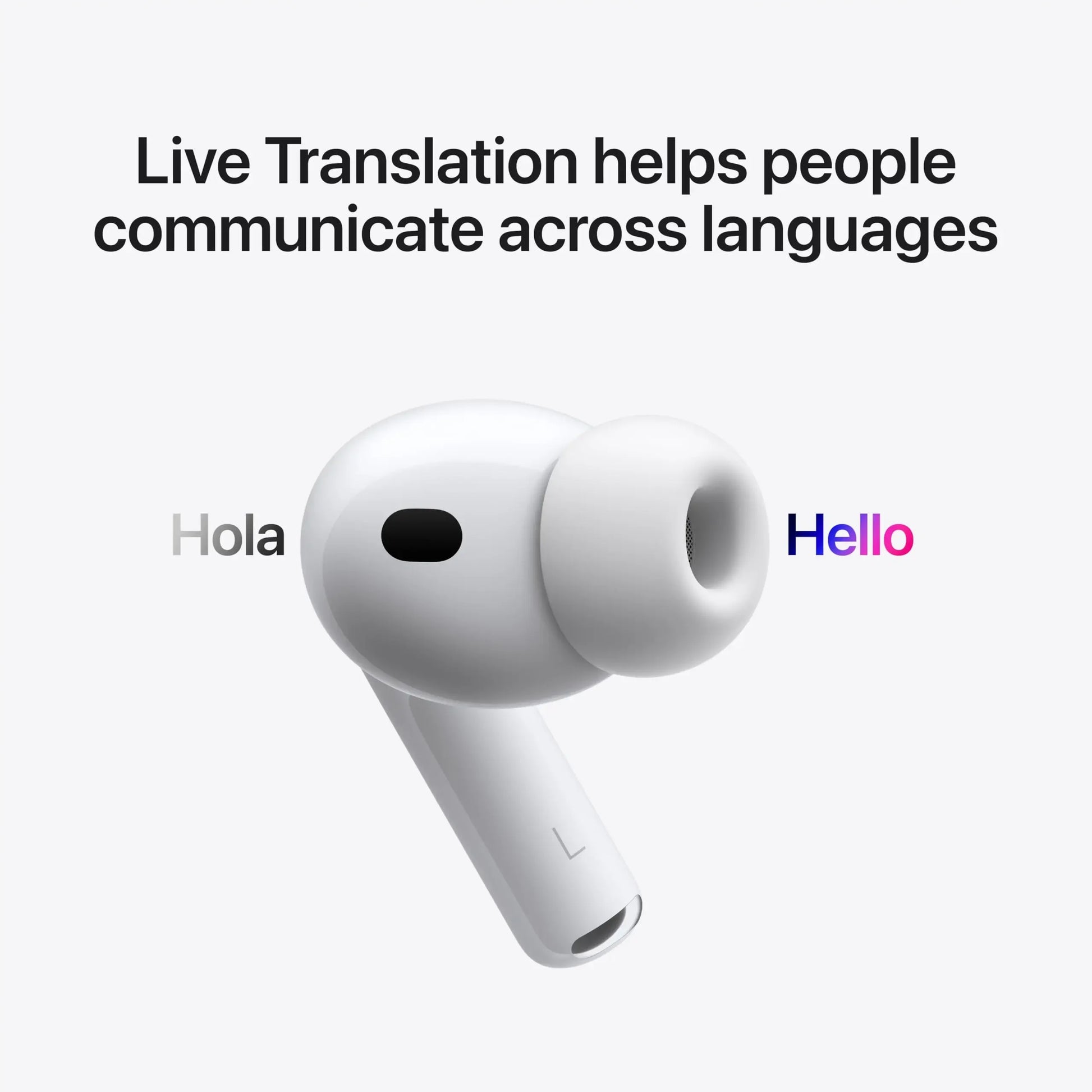 Écouteur sans fil blanc avec traduction en direct texte Hola et Hello sur fond clair