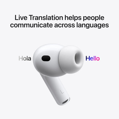 Écouteur sans fil blanc avec traduction en direct texte Hola et Hello sur fond clair