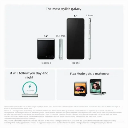 Samsung Galaxy Z Flip5 fermé 3,4 pouces épaisseur 15,1 mm et ouvert 6,7 pouces épaisseur 6,9 mm blanc