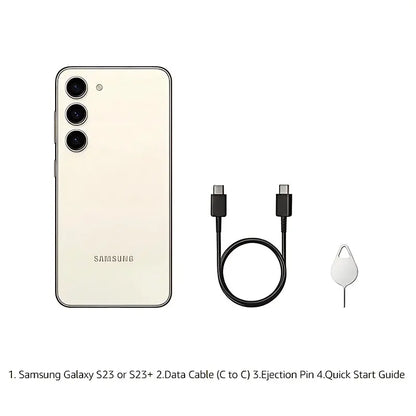 Samsung Galaxy S23 blanc avec triple caméra, câble USB-C, broche d'éjection sur fond blanc