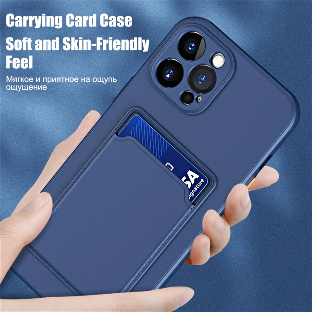 Coque de téléphone bleue avec porte-cartes intégré, design doux et agréable au toucher