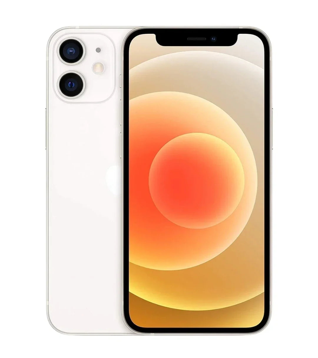 Smartphone blanc Apple iPhone avec double caméra arrière et écran affichant motif circulaire orange
