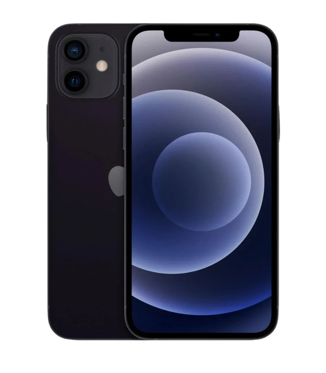 Smartphone Apple iPhone noir avec double caméra arrière et écran allumé affichant un fond d'écran abstrait