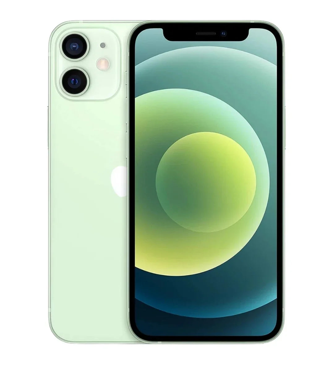 iPhone vert clair vue avant et arrière avec écran affichant un fond d'écran abstrait circulaire