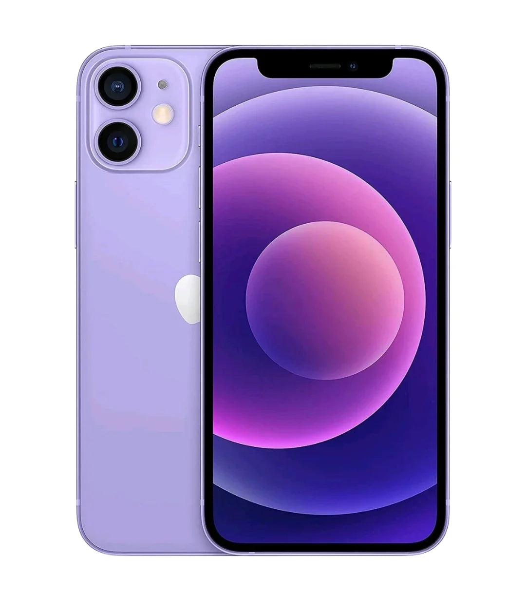 iPhone 12 violet avec double caméra arrière et écran affichant cercle violet et rose