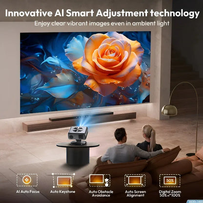 Technologie de projecteur AI avec image florale vibrante projetée dans un salon moderne