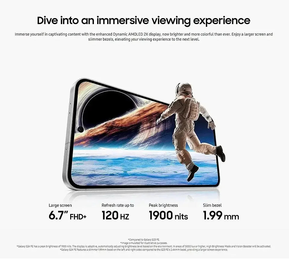 Smartphone écran 6,7 pouces FHD+ AMOLED 2X avec astronautes immersif et rafraîchissement 120 Hz