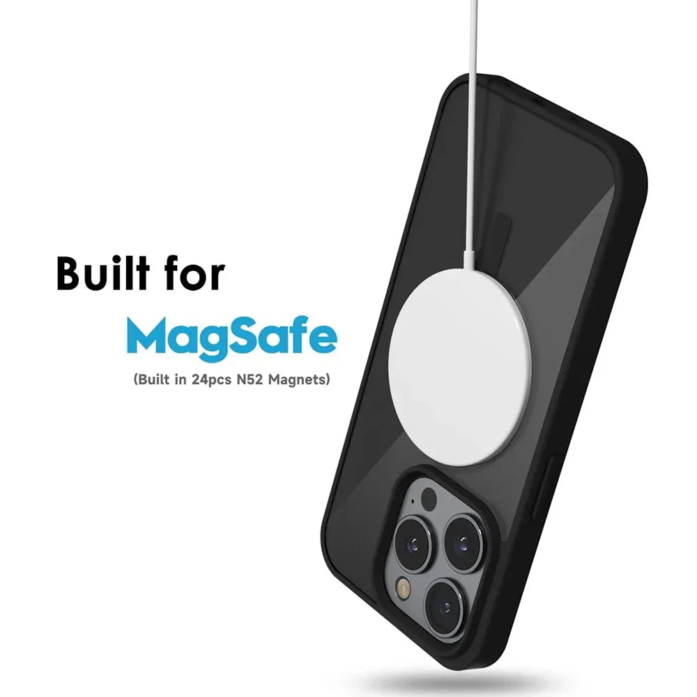 Smartphone avec coque noire compatible MagSafe et chargeur sans fil blanc magnétique