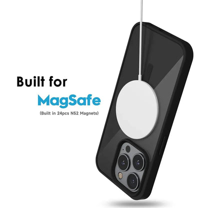 Smartphone avec coque noire compatible MagSafe et chargeur sans fil blanc magnétique