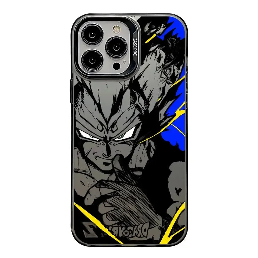 Coque iPhone avec illustration Dragon Ball Z, personnage sombre et éclairs jaunes et bleus