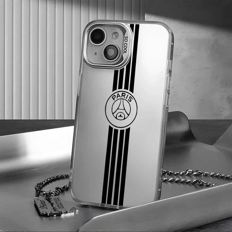 Coque transparente pour smartphone avec logo Paris et rayures noires verticales, design élégant