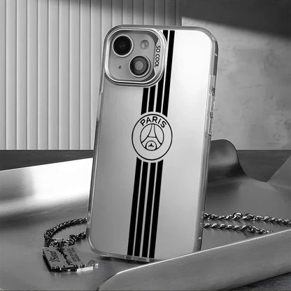 Coque transparente pour smartphone avec logo Paris et rayures noires verticales, design élégant