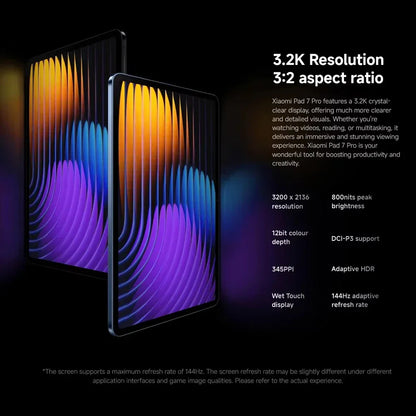 Xiaomi Pad 7 Pro avec écran 3.2K, ratio 3:2, 144Hz, HDR adaptatif, 345PPI, affichage Wet Touch