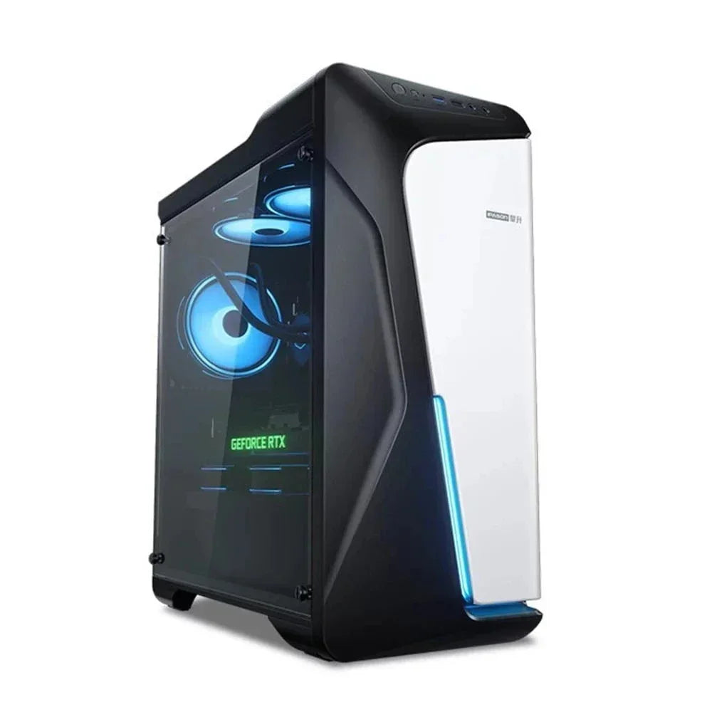 Boîtier PC gamer noir et blanc avec éclairage LED bleu et carte graphique GeForce RTX visible