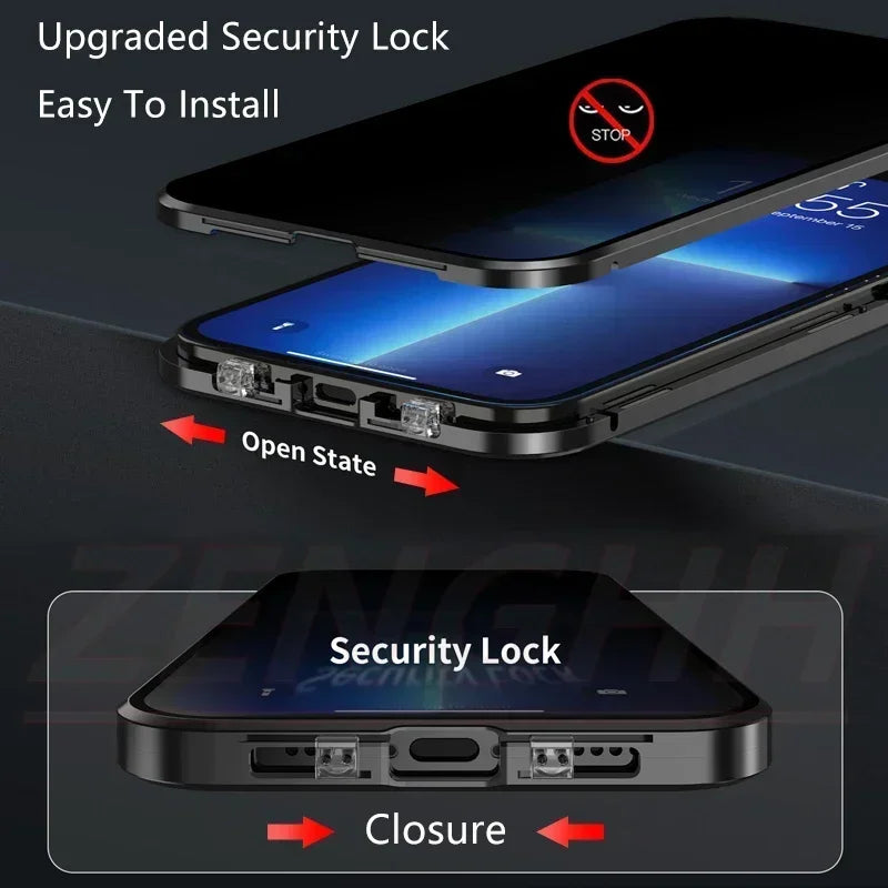 Étui double en verre anti-espionnage avec fixation magnétique, compatible avec iPhone