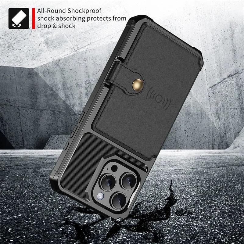 Coque de téléphone noire résistante aux chocs avec porte-cartes, triple caméra, fond béton fissuré