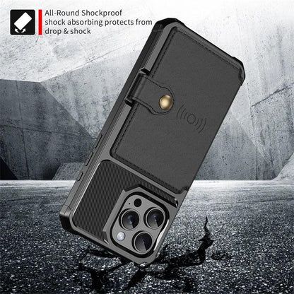 Coque de téléphone noire résistante aux chocs avec porte-cartes, triple caméra, fond béton fissuré