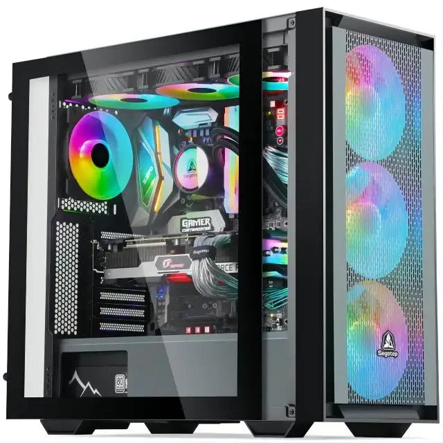 PC gamer avec boîtier en verre, éclairage RGB sur ventilateurs et composants internes