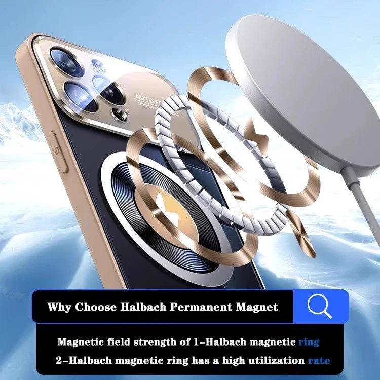 Smartphone or chargeur magnétique avec anneau magnétique Halbach détaillé en or et blanc
