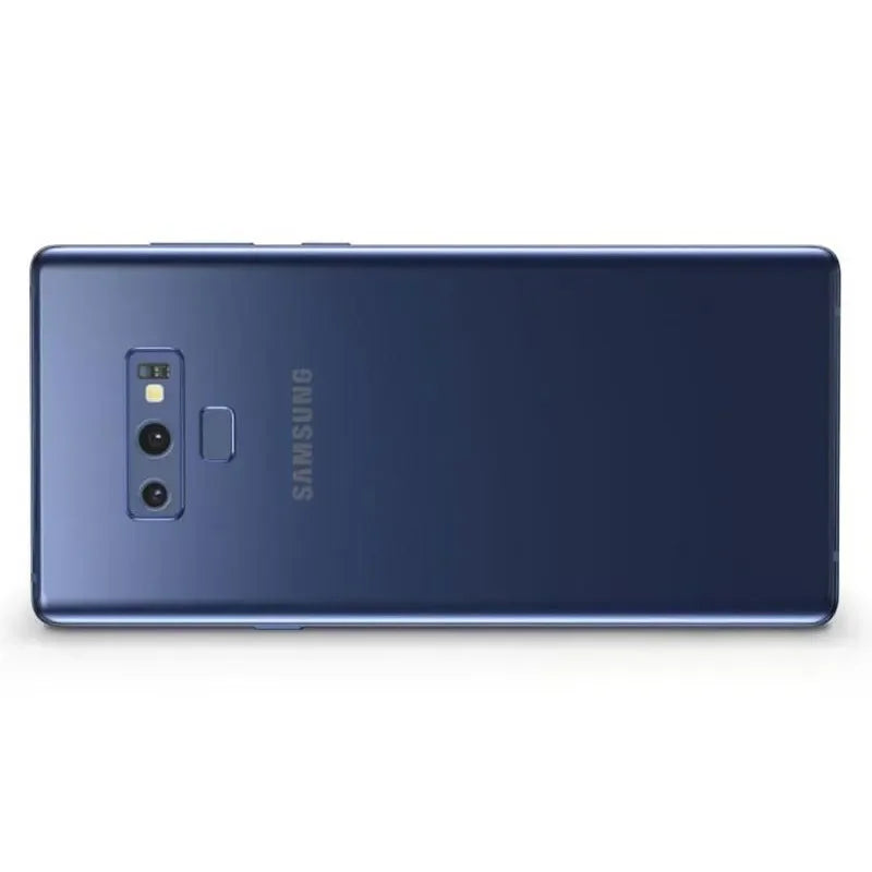 Smartphone Samsung bleu nuit vu de dos avec double caméra et lecteur d'empreintes digital