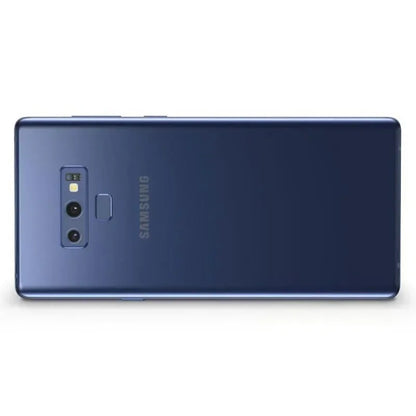 Smartphone Samsung bleu nuit vu de dos avec double caméra et lecteur d'empreintes digital