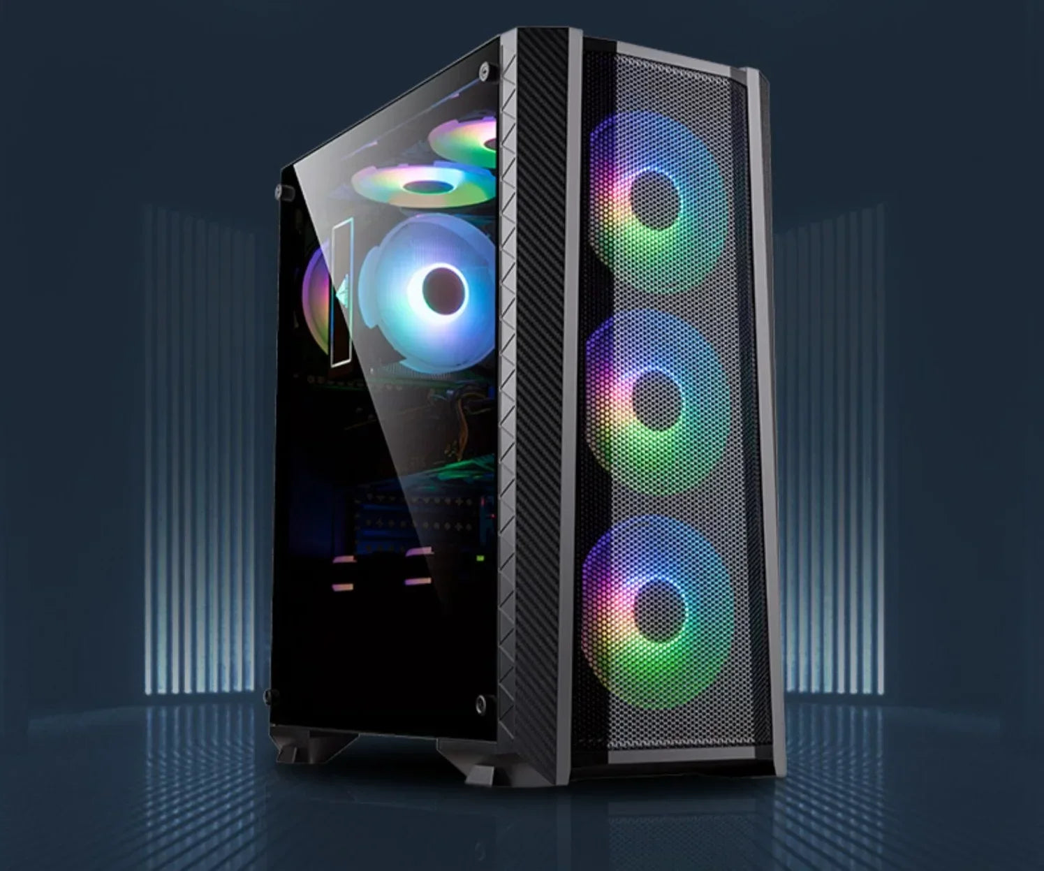 Boîtier PC gamer avec panneaux en verre trempé et ventilateurs RGB lumineux multicolores