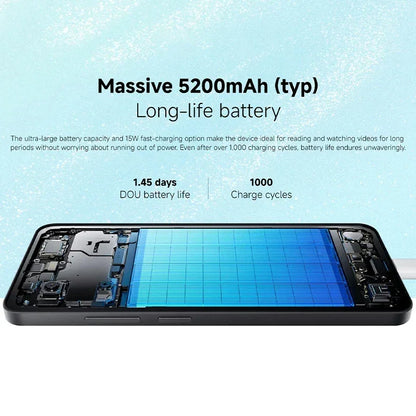 Smartphone avec batterie 5200mAh affichée, charge rapide 15W, 1000 cycles, durée 1,45 jours
