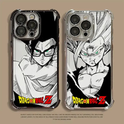 Coques iPhone transparentes Dragon Ball Z avec Gohan et Goku en noir et blanc aux yeux verts