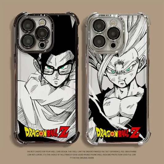 Coques iPhone transparentes Dragon Ball Z avec Gohan et Goku en noir et blanc aux yeux verts