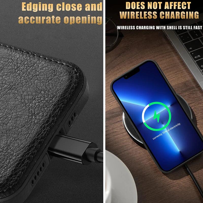 Coque smartphone en cuir noir avec ouverture précise et charge sans fil rapide sur bureau