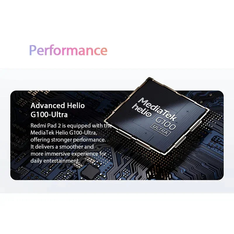 Puces MediaTek Helio G100 Ultra sur circuit imprimé avec texte sur performance tablette Redmi Pad 2
