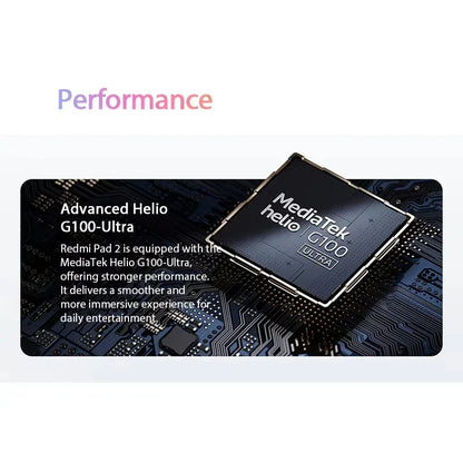 Puces MediaTek Helio G100 Ultra sur circuit imprimé avec texte sur performance tablette Redmi Pad 2