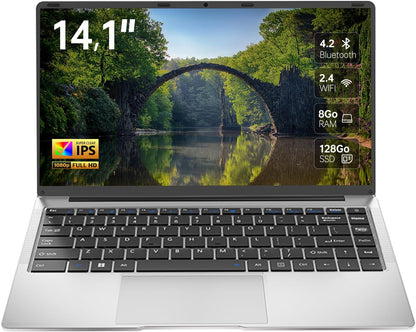 Ordinateur Portable 14,1", 8 Go RAM, 128 Go SSD, Celeron N, PC Portable Étudiant FHD IPS Avec Wi-Fi 5, Mini-Hdmi, Pavé Numérique – Idéal Pour La Maison, Les Études Et Le Travail