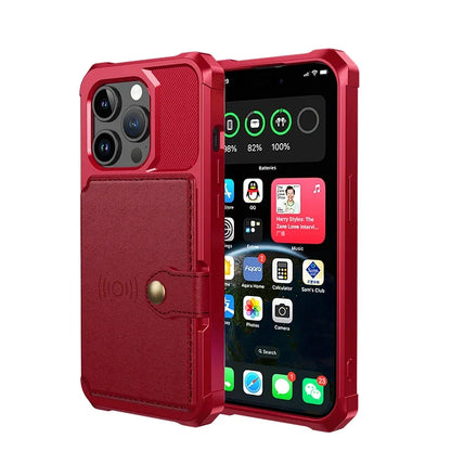 Coque de téléphone rouge robuste avec pochette en cuir à bouton pour iPhone à triple caméra