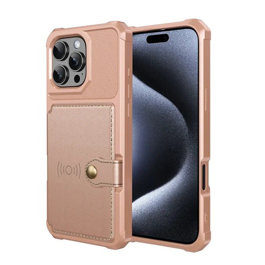 Coque smartphone rose avec support en cuir à bouton et protection renforcée pour iPhone