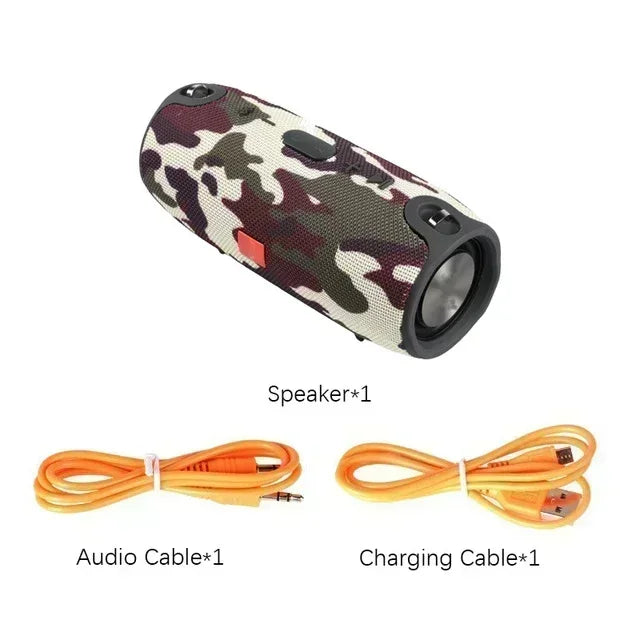 Enceinte Bluetooth sans fil avec motif camouflage et câbles audio et de chargement orange inclus