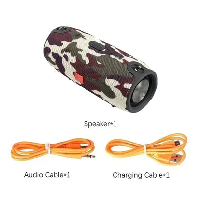 Enceinte Bluetooth sans fil avec motif camouflage et câbles audio et de chargement orange inclus