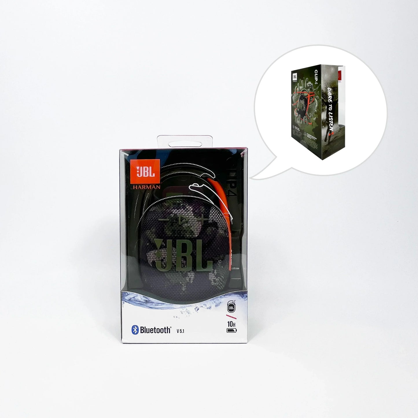 Enceinte Bluetooth JBL Clip 4 camouflage dans emballage transparent avec logo JBL orange