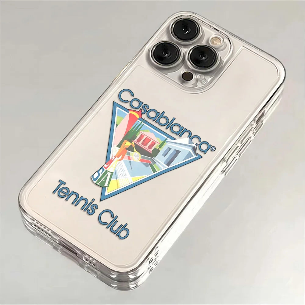 Coque transparente iPhone avec logo coloré Casablanca Tennis Club et illustration rétro