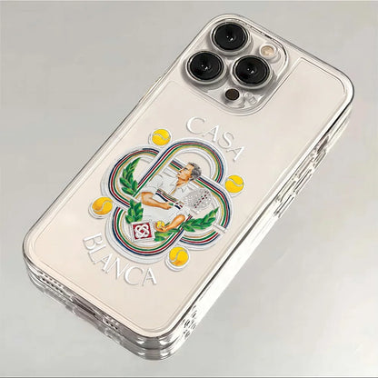 Coque iPhone transparente avec motif joueur de tennis Casa Blanca et balles jaunes