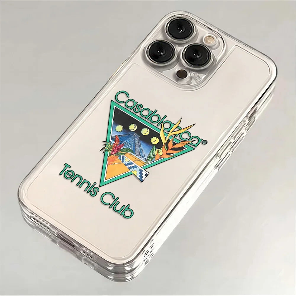 Coque de téléphone transparente avec logo Casablanca Tennis Club et illustration colorée