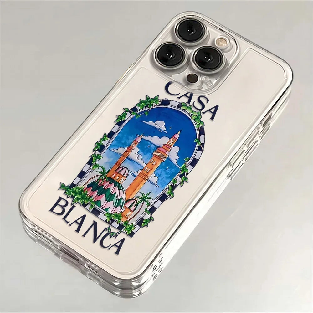 Coque iPhone transparente avec illustration Casa Blanca, ciel bleu, minarets et lierre vert