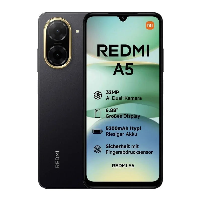 Smartphone Redmi A5 noir avec double caméra 32MP, écran 6,88 pouces, batterie 5200mAh et capteur d'empreintes