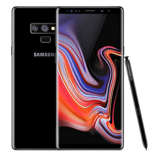 Smartphone Samsung Galaxy Note 9 noir avec écran incurvé et stylet S Pen sur fond blanc