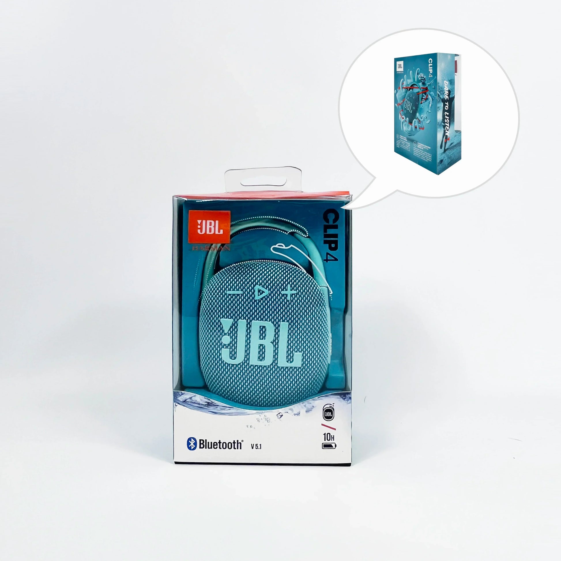 Enceinte Bluetooth JBL Clip 4 bleue en emballage avec autonomie 10 heures et fabrication Harman