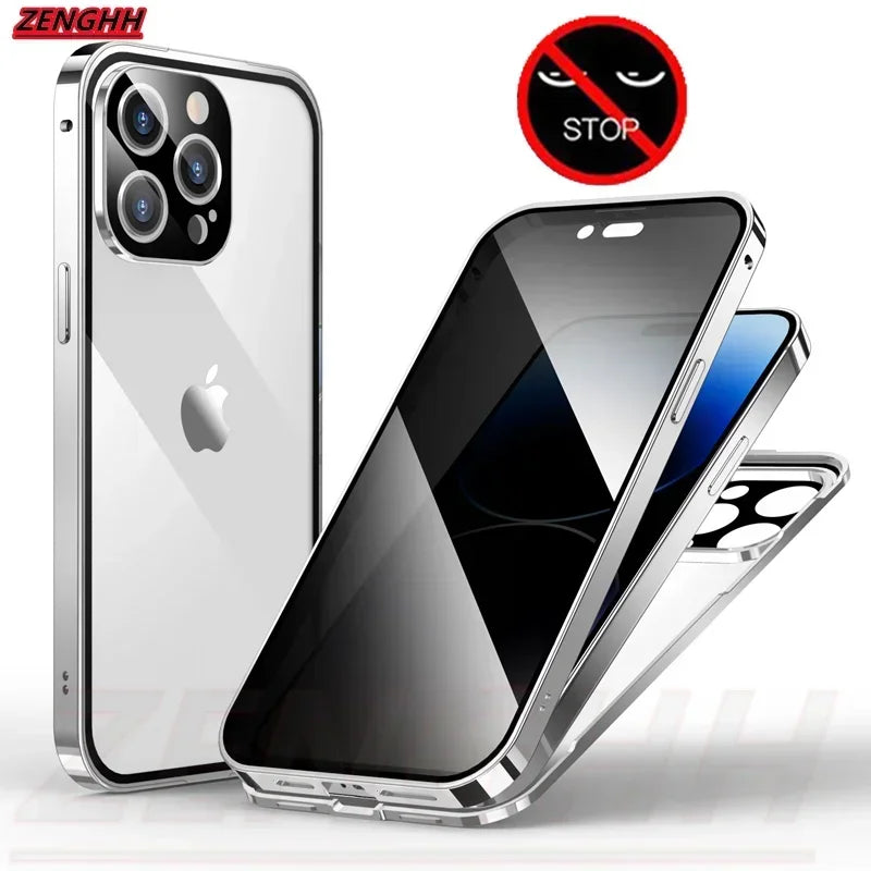 Étui double en verre anti-espionnage avec fixation magnétique, compatible avec iPhone