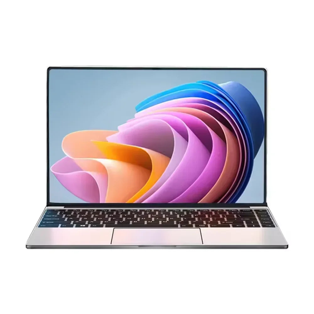 Ordinateur portable argenté ultrafin avec écran affichant fond coloré abstrait