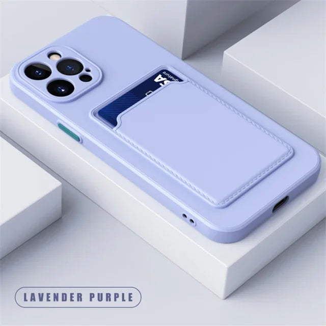 Coque de téléphone lavande violet avec porte-carte et espace pour objectifs multiples