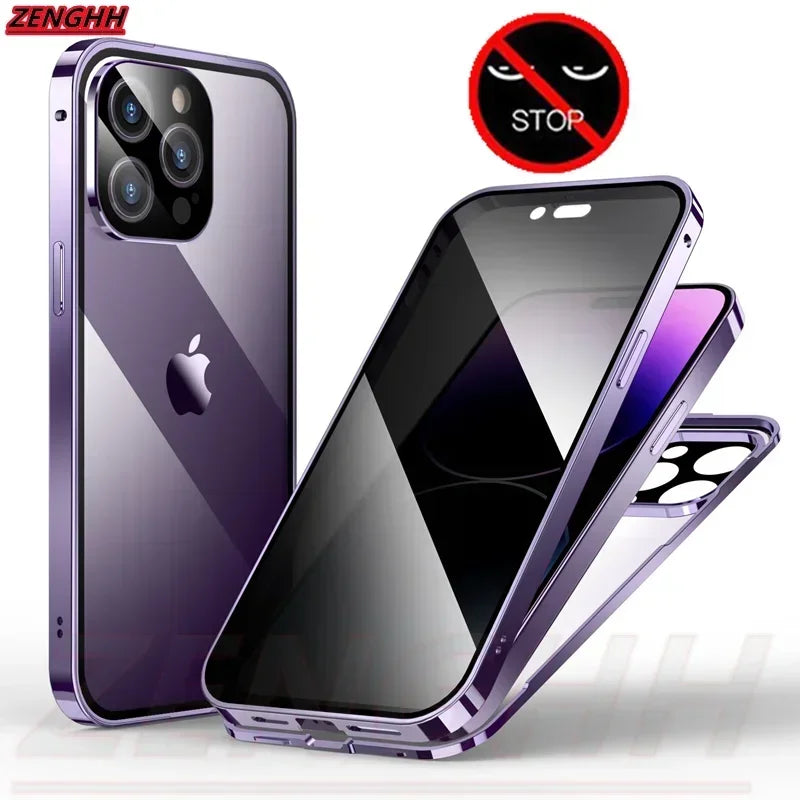 Étui double en verre anti-espionnage avec fixation magnétique, compatible avec iPhone