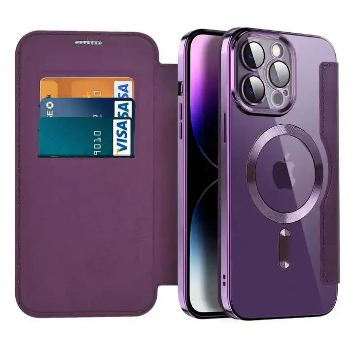 Étui portefeuille violet pour smartphone avec pochettes cartes et support MagSafe